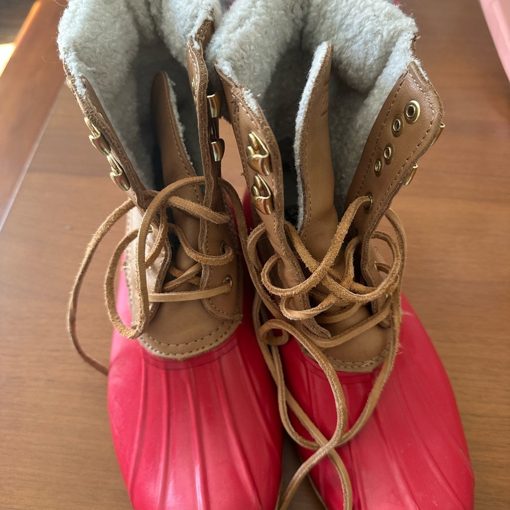 Sperry Red and Tan Waterproof Duck Boots with Sherpa Collar